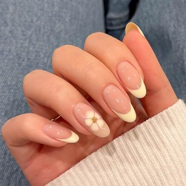 RikView White Press on Nails with Flowers Design Medium Fake Nails French Tips Nails Almond Nails Glossy Full Cover Nails for Women 24 PCs/Set