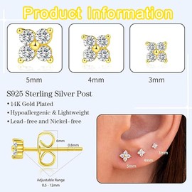 3 PCS 925 Sterling Silver Earrings for Women, 14K Gold Stud Huggie, Small Hoop Earrings, Zirconia Dainty Gold Earrings, Stacks Hypoallergenic Cartilage Earrings Set for Multiple Piercings