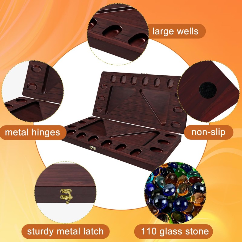 4-Player Mancala Board Game, Foldable Solid Wood with 110 Multi-Coloured