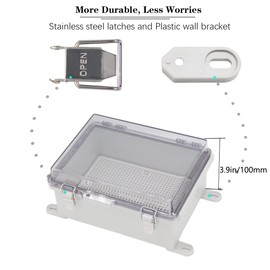 Zulkit Junction Box,IP67 Waterproof Electrical Box Hinged Clear Cover Stainless Steel Buckle Plastic Project Enclosure w Mounting Plate Wall Bracket and 2 Cable Gland 8.3"x6.3"x3.9"/210x160x100mm