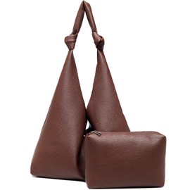 Vegan Leather Hobo Purses set, Slouchy Shoulder Bag Knotted Hobo Bags for Women with a small purse (Coffee Brown)