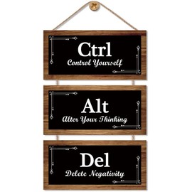 CHDITB Inspirational Rustic CTRL ALT DEL Wood Sign Decor,(11”X5.3”),Alter Your Thinking Office Wall Decor,Motivational Sayings Wooden Hanging Wall Plaques for Home Office Living Room Wall Art Decor