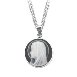 Women's Black Madonna Profile Cameo Medal Necklace,18" Rhodium Plated Stainless Steel Chain, Capodimonte Porcelain, Sterling Silver Frame, Made in Italy- Deluxe Velvet Gift Box Included