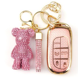 Rayslesan Cute Key Fob Cover with Rhinestone Bear Charm, Bling TPU Smart Key Case for Women, Compatible with Dodge Charger Challenger Durango，Jeep Wrangler Patriot Commander (5-Button, Gold Pink)