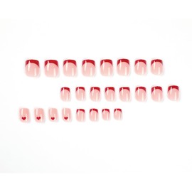 Heart Press on Nails Short Square Fake Nails with Romantic Red Heart Design Glue on Nails French Tip False Nails Full Cover Nude Pink Acrylic Nails for Women Girls Valentines Day Nail Decorations