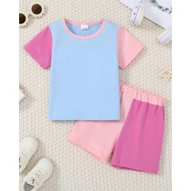 SOLOYEE Toddler Baby Girl Clothes Summer Outfits Contrast Short Sleeve T-Shirts Tops Shorts 2Pcs Girls Clothing Sets (Contrast-Blue, 3-4T)