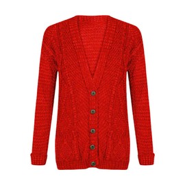 LUXE DIVA New Womens Everyday Long Sleeve Button Top Ladies Chunky Aran Cable Knit Grandad Cardigan UK Size 8-26 Red
