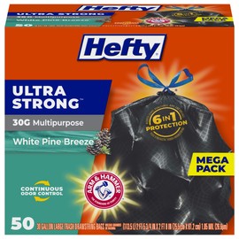 Hefty Hefty Ultra Strong 30 Gallon Trash Bags, Large Trash Bags 30 Gallon Size, Multipurpose, Break Resistant Drawstring Closure, Resists Leaks, Punctures, and Tears, Black, White Pine Breeze Scent, 50 Bags
