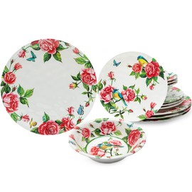 LEHAHA 12 Pcs Melamine Dinnerware Sets, Rose Flower Plates and Bowls Sets, Set of 4, Floral Dishes Dinnerware Set, Great For Valentine's Day,Christmas, Mother's Day and Daily Use, Red Rose
