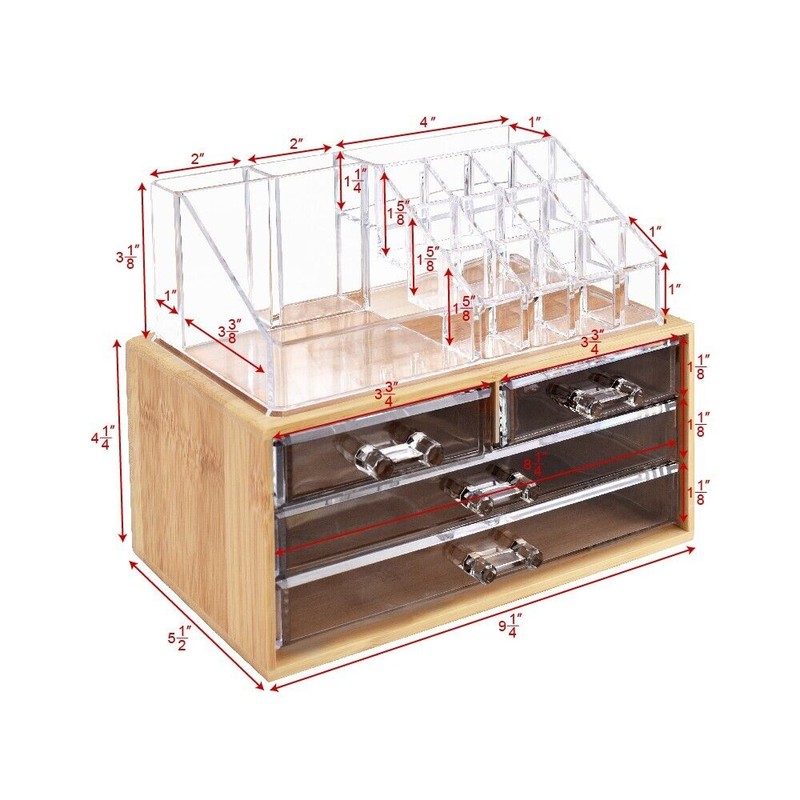 Neuxi Bamboo Makeup Organizer with 4 Acrylic Storages
