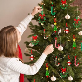AWHETIE Christmas Crafts for Adults,40 Sets Beaded Ornament Kit,Including 20 Pcs Wreath with Bell/5 Pcs Snowman/5 Pcs Christmas Tree/10 Pcs Candy Cane,Holiday Tree Decorations