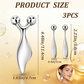 3-In-1 Metal Face Massager Roller Set, Self Cooling Gua Sha and Dual Ended Eye Cream Applicator to Reduce Morning Puffiness and Sculpt Double Chin for