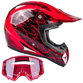 Typhoon Adult Dirt Bike Helmet & Goggles ATV Motocross DOT, Red w/Red (Large)