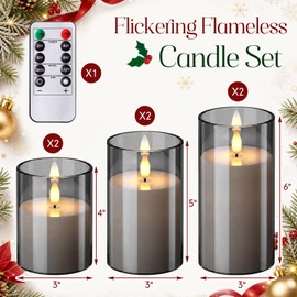 Retisee 6 Pcs Fall Flickering Flameless Candles, Acrylic Battery Operated LED Unbreakable Pillar Candles with Remote Timer 3D Wick for Halloween Thanksgiving Decor (Gray)