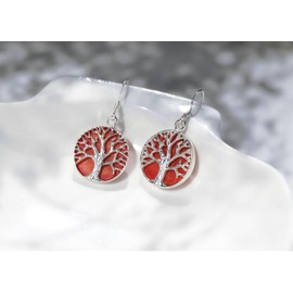 AeraVida Mystical Tree of Life Reconstructed Red Coral Inlay .925 Sterling Silver Dangle Earrings | Elegant Nature-Inspired Earrings for Women | Sterling Silver and Red Coral Jewelry
