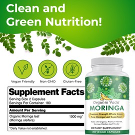 Organic Veda Moringa Leaf Powder Capsules, 1000mg, 360 Count - True Green Native Organic Moringa Oleifera, Premium Strength Nutrient Dense 100% Pure Leaves - Energy, Sleep & Immunity Support - Vegan