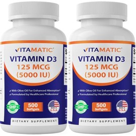 Vitamatic Vitamin D3 5000 IU (125 mcg) – 500 Mini Softgels Olive Oil-Based Formula – Cold-Pressed – 500-Day Supply – Supports Bone, Muscle & Immune Health – Non-GMO & Gluten-Free- 2 Pack