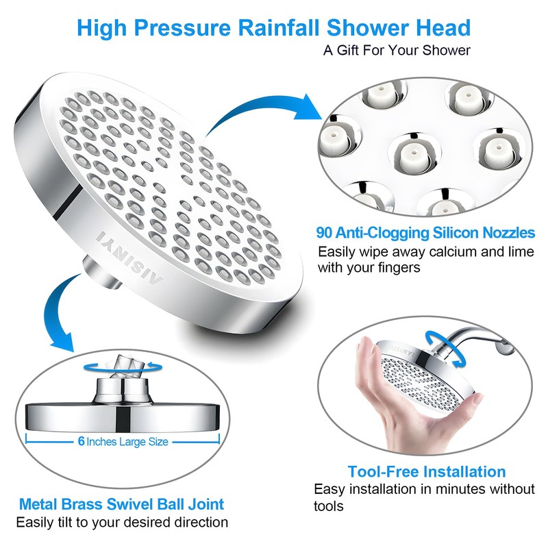 AISINYI High Pressure Rainfall Shower Head, 6 Inches Luxury Modern