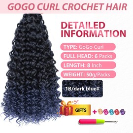 GoGo Curl Crochet Hair 8Inch Water Wave Crochet Hair Water Wave Crotchet Braiding Hair (8 Inch (Pack of 6), 1B/Dark blue#)