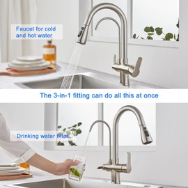 TSIBOMU 3 Way Kitchen Sink Faucet with Drinking Water Faucet, 2 Handle 3 in 1 Pull Down Kitchen Faucet with Water Filter Purifier Faucets (Brushed Nickel)