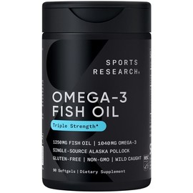 Sports Research Triple Strength Omega-3 Fish Oil 1250mg – Burpless Softgels with EPA & DHA from Wild Alaskan Pollock – Heart & Brain Support – 90 Count