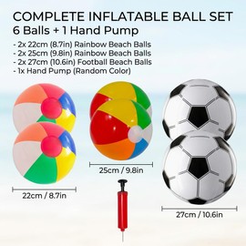 6 PCS Inflatable Ball, Beach Ball, Beach Balls Inflatable, Beach Ball Set with Hand Pump, 6PCS Inflatable Beach Balls for Outdoor Games, Two 30 Cm Rainbow Balls, For Pool Parties and Beach Activities