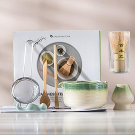 GHYXFDAI 8 Pcs Matcha Set, Matcha Tea Set with Matcha Whisk, Matcha Whisk Holder, Matcha Bowl, Strainer, Two Bamboo Scoop, Scoop Holder, Tea Cloth, Gift for Matcha Lover, Japanese Matcha Kit