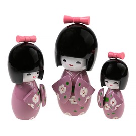lachineuse Trio Japanese Kokeshis - Japanese Wooden Dolls - Mauve Kimono and Cherry Blossoms - Japanese Decorative Figurines - Traditional Japanese Kokeshis - Asian Decor Gift Idea