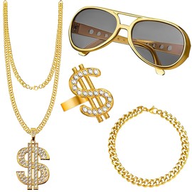 ZcrPrn 90s Fancy Dress Women,90s,4 Pcs 80s Fancy Dress Hippy Accessories with Dollar Sign Necklace for Rapper Women Men Party Supplies