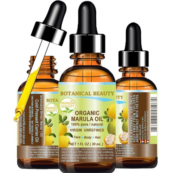 Organic MARULA OIL WILD GROWTH 100% Pure Extra Virgin, Unrefined Cold-Pressed 1 Fl.oz.- 30 ml Moisturizer for FACE, DRY SKIN, BODY, DAMAGED HAIR, NAILS, Anti-Aging, Healing by Botanical Beauty