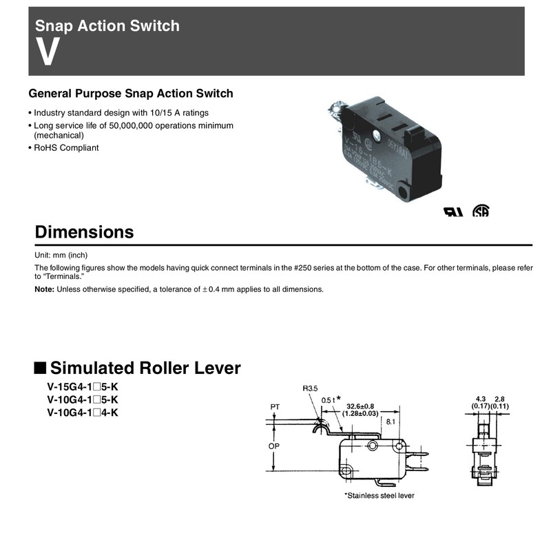 OMRON ELECTRONIC COMPONENTS V-10G4-1C24-K MICRO SWITCH, ROLLER LEVER SPDT 10A