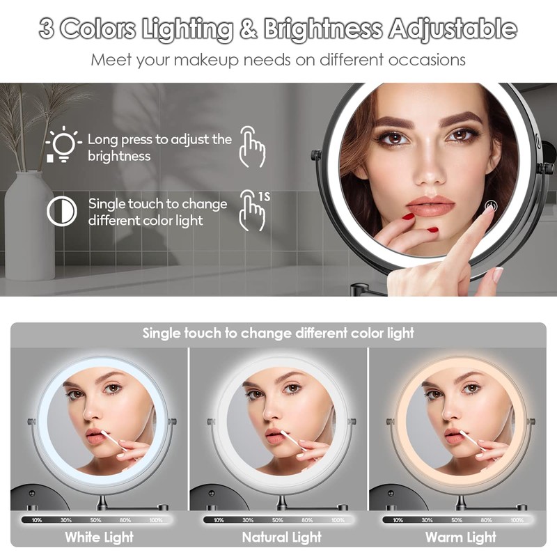 Rocollos Rechargeable Lighted Makeup Mirror, Vanity Mirror with 3 Color