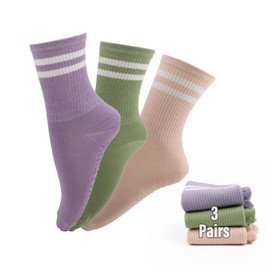 Fiohiros Pilates Socks with Grips for Women, Grip Socks Crew Socks, Non-Slip Yoga Socks with Grips for Barre, Ballet, Dance, 3 Pairs(AU, Alpha, One Size, Regular, Regular, 3, Purple+Green+Pink)