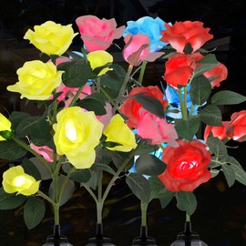 Solar Rose Lights Outdoor, 4 Pack Waterproof Color Changing LED Flower Lights, Solar Powered Garden Stakes for Yard, Patio, Pathway Decor - Artificial Floral Decorative Lighting (Red-Blue-Pink-Yellow)