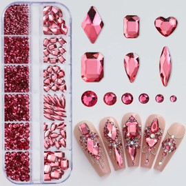 Rose Red Nail Art Rhinestone, 3D Crystal Nail Diamond Gem, Flatback Rhinestones Multi Shapes Sizes Nail Design for Women Girls Manicure Charms Decorations, DIY Jewelry Making Craft Supplies