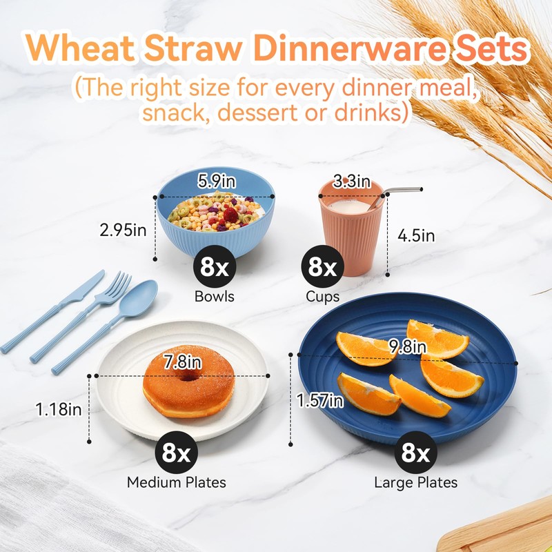 Wheat Straw Dinnerware Sets,64-Piece Black Plates and Bowls Sets for
