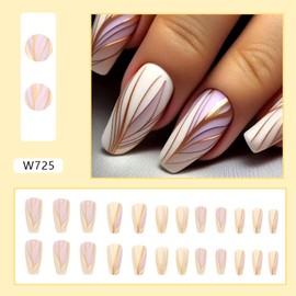 Matte Press on Nails Long Square Fake Nails,24Pcs Full Cover Stick on Nails with Gold Lines Designs,Reusable False Nails with Sticky Tabs,Acrylic Artificial Fingernail Nail Charm for Women Girls