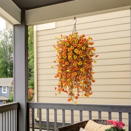 Fall Artificial Fake Mums Hanging Flowers Plants Basket for Outdoor Autumn Decoration, Fake Silk Orange Planters UV Resistant Look Real for Home Patio Balcony Yard Porch Decor(Yellow Orange)