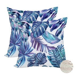Fukeen 2 Pack Waterproof Outdoor Tropical Leaves Throw Pillow Covers 16x16 Inch Purple Blue Palm Leaf Summer Farmhouse Decoration Pillow Cases Watercolor Plant Botanical Cushion Cover