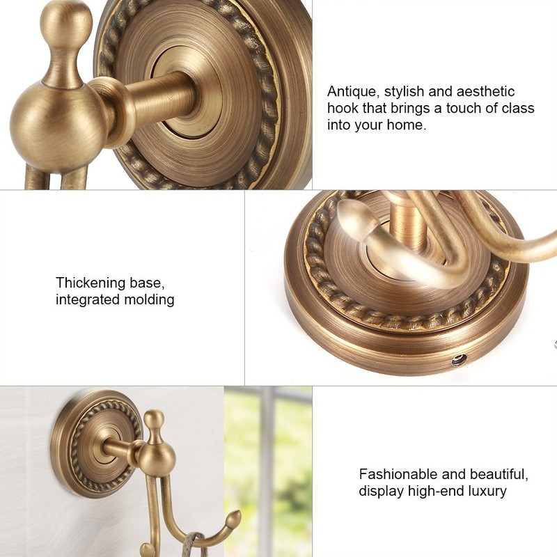 Alvinlite Bathroom Double Coat Hooks Antique Brushed Brass Towel Hooks