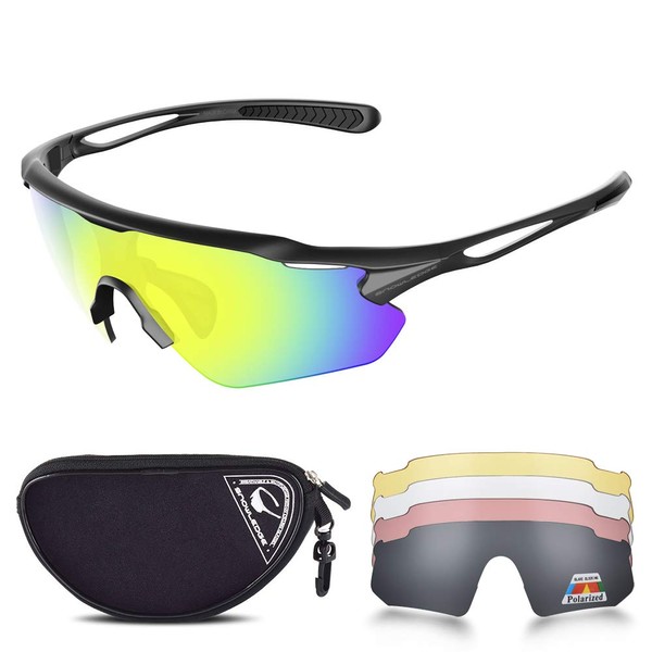 Snowledge Cycling Glasses with 5 Interchangeable Lenses, Mens Womens Polarized Sports Sunglasses, Running Baseball Cricket Sunglasses