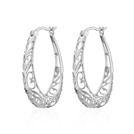 QIAOLEHUI Vintage Gold Silver Hollow Out Oval Filigree Hoop Earrings for Women Heart Shaped Hollow Flower Earrings Christmas Birthday Jewelry Gifts (Silver)