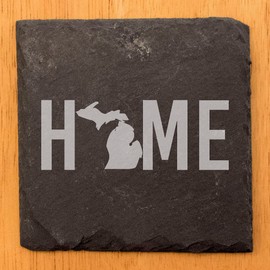 Rustic Slate Coasters Set of 4, Square 4" with Michigan 'HOME' Design, Laser Etched, Natural Chipped Edge, Rubber Feet, Perfect for Holidays, Birthdays, Housewarming, Made in USA