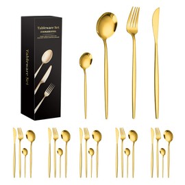 VOICEPTT Juego de cubiertos de acero inoxidable de 24 piezas, Tenedor, Cuchara, Cuchillo, Set de cubiertos para 6 personas, Aptas para el lavavajillas (Oro)