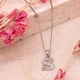 Tuscany Silver Women's Sterling Silver Rhodium Plated Initial 'S' with Cubic Zirconia on Curb Chain of 46cm/18''