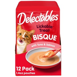 Delectables Lickable Treat Bisque Wet Cat Treat with Real Tuna & Salmon, Food Topper, Hydrating, Grain-Free, No Fillers, No by-Products, No Added Preservatives, 1.4oz Pouch, 12ct