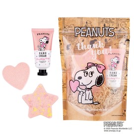 Peanuts Snoopy Happy Gift Strawberry Milk (Hand Cream, 1.0 fl oz (30 ml) + Heart Bath Fizz 2.1 oz (60 g) + Star Bath Fizz 2.1 oz (60 g), Sweet and Melting Strawberry Milk Scent