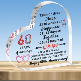JMIMO 60th Diamond Wedding Anniversary Present for Her and Him 60 Years of Marriage Gifts for Couple Wife Husband Heart-Shaped Acrylic Keepsake Gift
