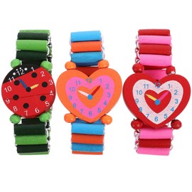 Hemobllo Pack of 3 Wooden Wrist Watches Toy, Cute Cartoon Wooden Watches Toy Elastic Bracelet Simulation Wristwatches Children Toy (Random Style)