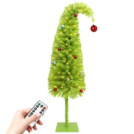HMASYO 5ft Whimsical Artificial Christmas Tree with 150 LED Timer Lights, Lime Green Bendable Christmas Tree with Ball Ornaments & Metal Base Holiday Decor for Home, Office, Party, Easy Assembly